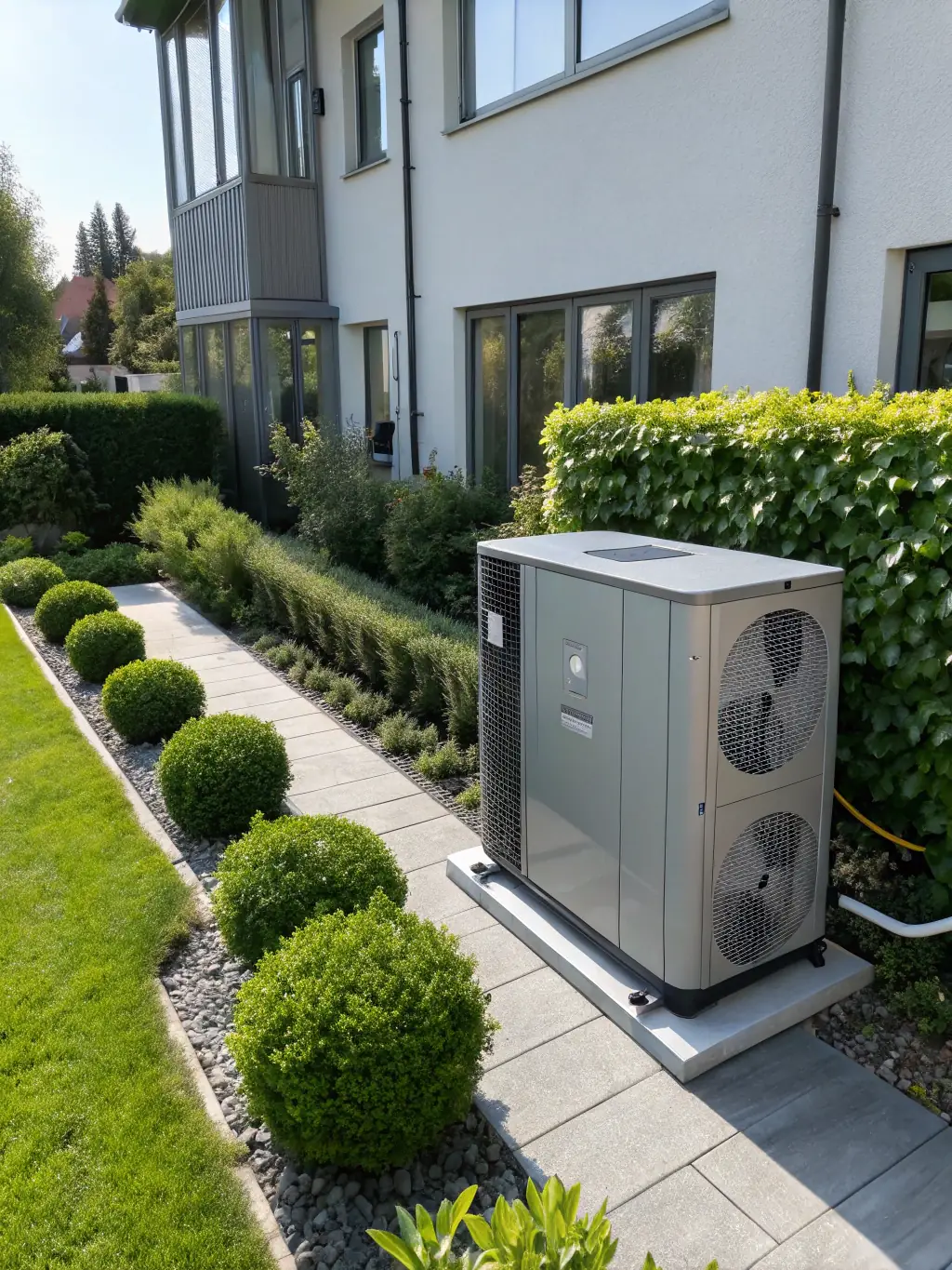 An image of a heat pump with a sleek noise-reducing screen installed nearby, demonstrating the product in use and its noise reduction capabilities.